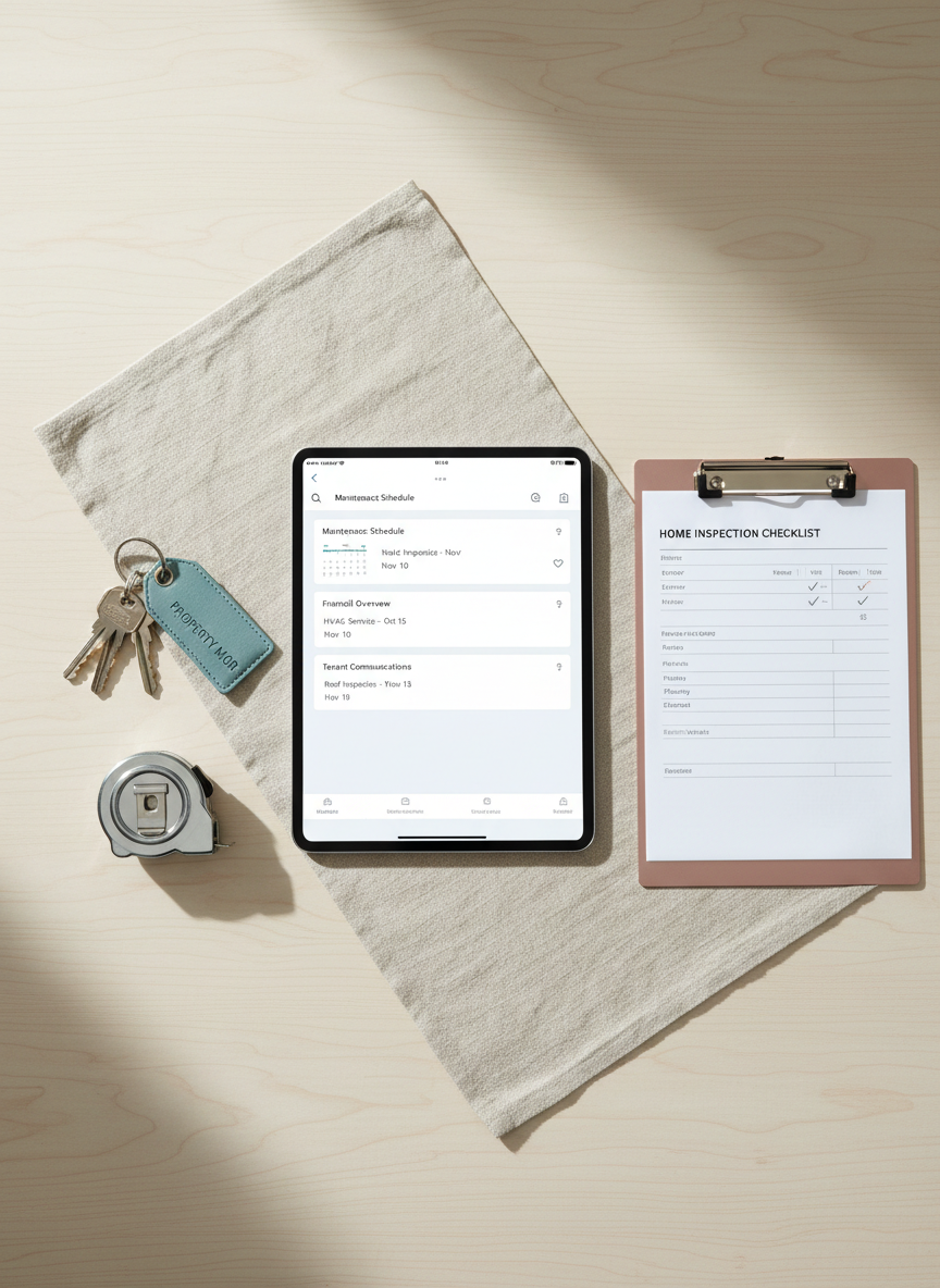 A detailed flat-lay of home management essentials arranged on a light wood tabletop: a sleek tablet displaying a clean dashboard with maintenance schedules, a set of neatly labeled property keys on a coastal-blue key tag, a slim clipboard with a printed home inspection checklist, and a small, silver tape measure. A faintly textured linen runner in soft sand tones runs underneath, tying the items together. Soft, diffused daylight from a nearby window creates subtle shadows and gentle highlights on metallic surfaces. Photographic realism with a top-down, bird’s-eye view keeps all elements sharply in focus. The composition is tidy and balanced, conveying organization, professionalism, and the systematic nature of comprehensive home and rental property management.