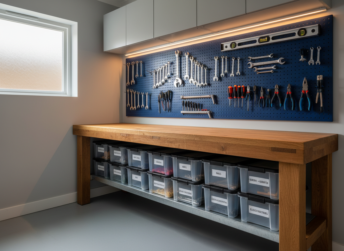 A well-equipped handyman workspace in a clean residential garage, with a sturdy wooden workbench against a freshly painted light-gray wall. Above, a meticulously organized pegboard holds polished tools—wrenches, screwdrivers, pliers, and a level—each hanging in perfect alignment. Neatly labeled storage bins sit on open shelving below. Warm LED strip lighting under a cabinet casts even illumination on the work surface, while a small window to the side lets in diffused afternoon daylight. Captured in photographic realism from a slightly angled, eye-level perspective, the composition emphasizes order, reliability, and readiness. The scene feels professional yet approachable, underscoring comprehensive handyman services as part of trusted home management.