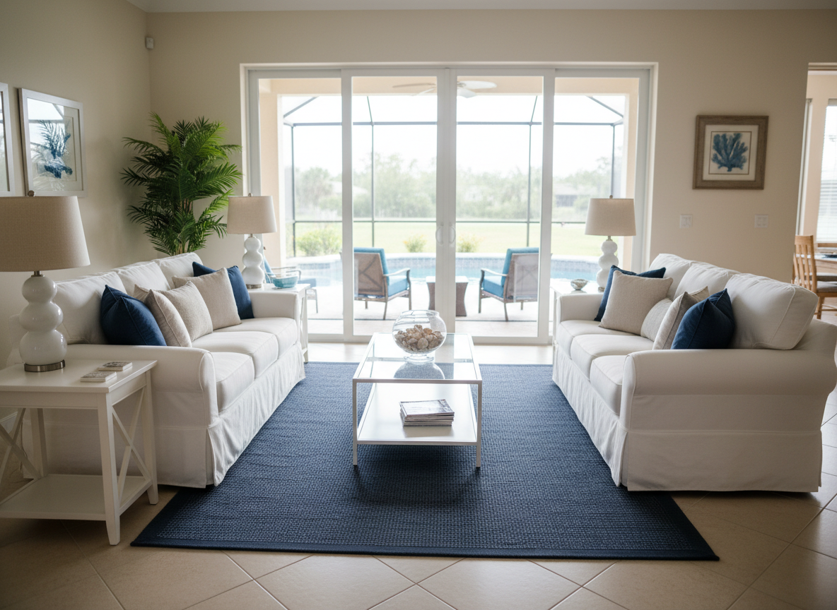 A bright, organized coastal-style living room in a Southwest Florida home, showcasing spotless light-sand tile flooring, a neatly arranged navy-blue area rug, and carefully aligned white slipcovered sofas. Side tables display perfectly positioned seashell decor and a single, orderly stack of magazines. Large sliding glass doors reveal a sunlit lanai and pool in the distance. Natural mid-morning light pours in, creating soft reflections on glass surfaces and subtle shadows beneath furniture. Photographic realism with a slightly elevated angle and shallow depth of field keeps the main seating area in crisp focus while gently blurring the background. The mood is calm, orderly, and professionally managed, conveying attentive home management in the owner’s absence.