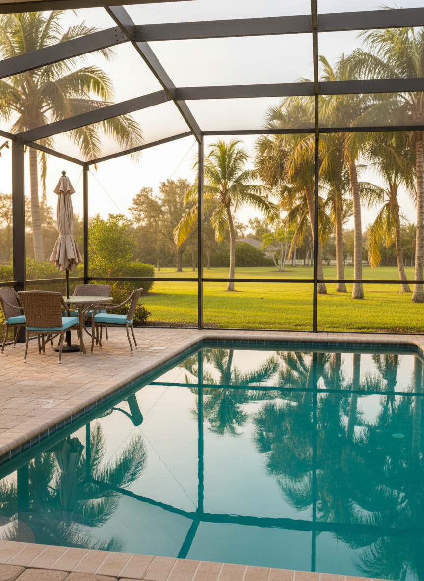 A serene view from a screened lanai of a Southwest Florida rental property, showcasing a sparkling, meticulously maintained turquoise pool with flawless water surface, surrounded by clean, tan pavers with no visible debris. A small, neatly arranged outdoor dining set with a glass-top table and matching chairs sits on one side, with a folded, color-coordinated umbrella nearby. Beyond the enclosure, a well-kept lawn and palm trees are visible under soft, golden-hour sunlight. Photographic realism from a seated, eye-level perspective creates a welcoming yet professional atmosphere. The composition highlights the pool and seating area in sharp focus, gently blurring the background landscape. The mood is inviting, restful, and clearly well-managed, ideal for promoting rental property management.