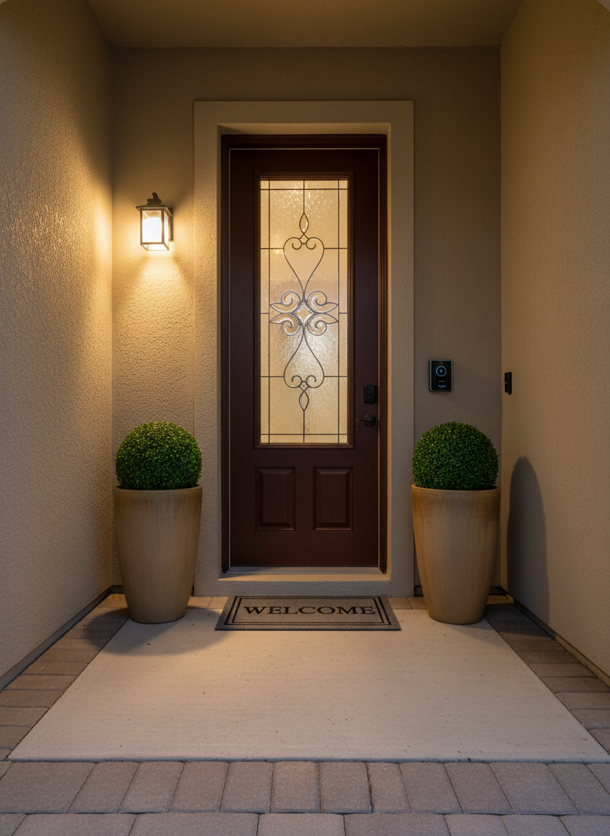 A secure front entryway of a Southwest Florida home, featuring a solid, dark wood door with a decorative frosted-glass insert, a pristine welcome mat aligned perfectly, and two symmetrical planters with healthy green topiaries. A discreet, modern video doorbell and keypad lock are clearly visible on the frame, suggesting vigilant monitoring. The smooth stucco walls are freshly painted in a soft coastal taupe. Early evening light from a nearby wall lantern casts a warm, inviting glow across the entry, creating gentle, elongated shadows on the paver walkway. Photographic realism at a slightly low angle draws attention to the door and security details. The mood is safe, cared for, and professionally overseen, ideal for illustrating home watch services.